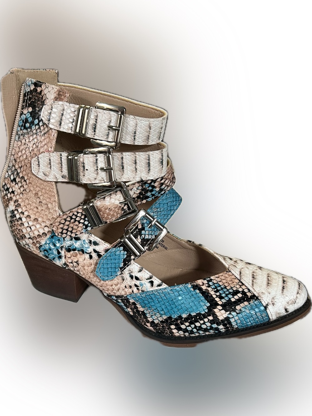 Womens Blue & Neutral Snake-Print Buckle Ankle Strap Heels